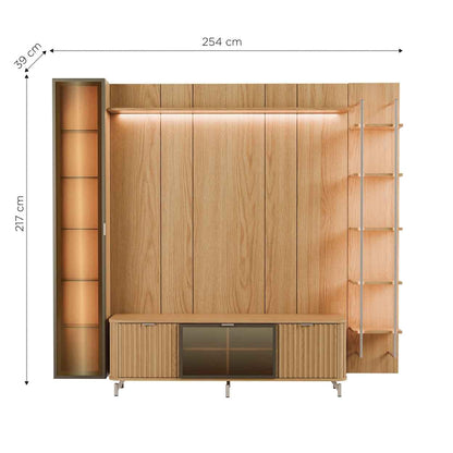 Rack com Painel para TV até 85" 6 Prateleiras e Cristaleira 1 Porta Vidro Reflecta e LED Neon Float 254cm – Carvalho c/ Champanhe