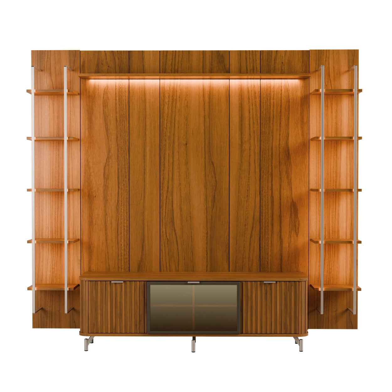 Rack com Painel para TV até 85" 11 Prateleiras e LED Neon Float 254cm - Canella c/ Champanhe