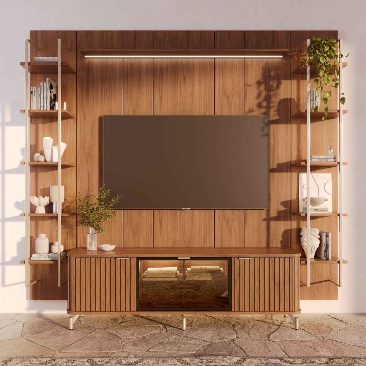 Rack com Painel para TV até 85" 11 Prateleiras e LED Neon Float 254cm - Canella c/ Champanhe