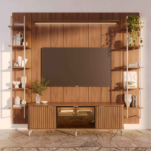 Rack com Painel para TV até 85" 11 Prateleiras e LED Neon Float 254cm - Canella c/ Champanhe