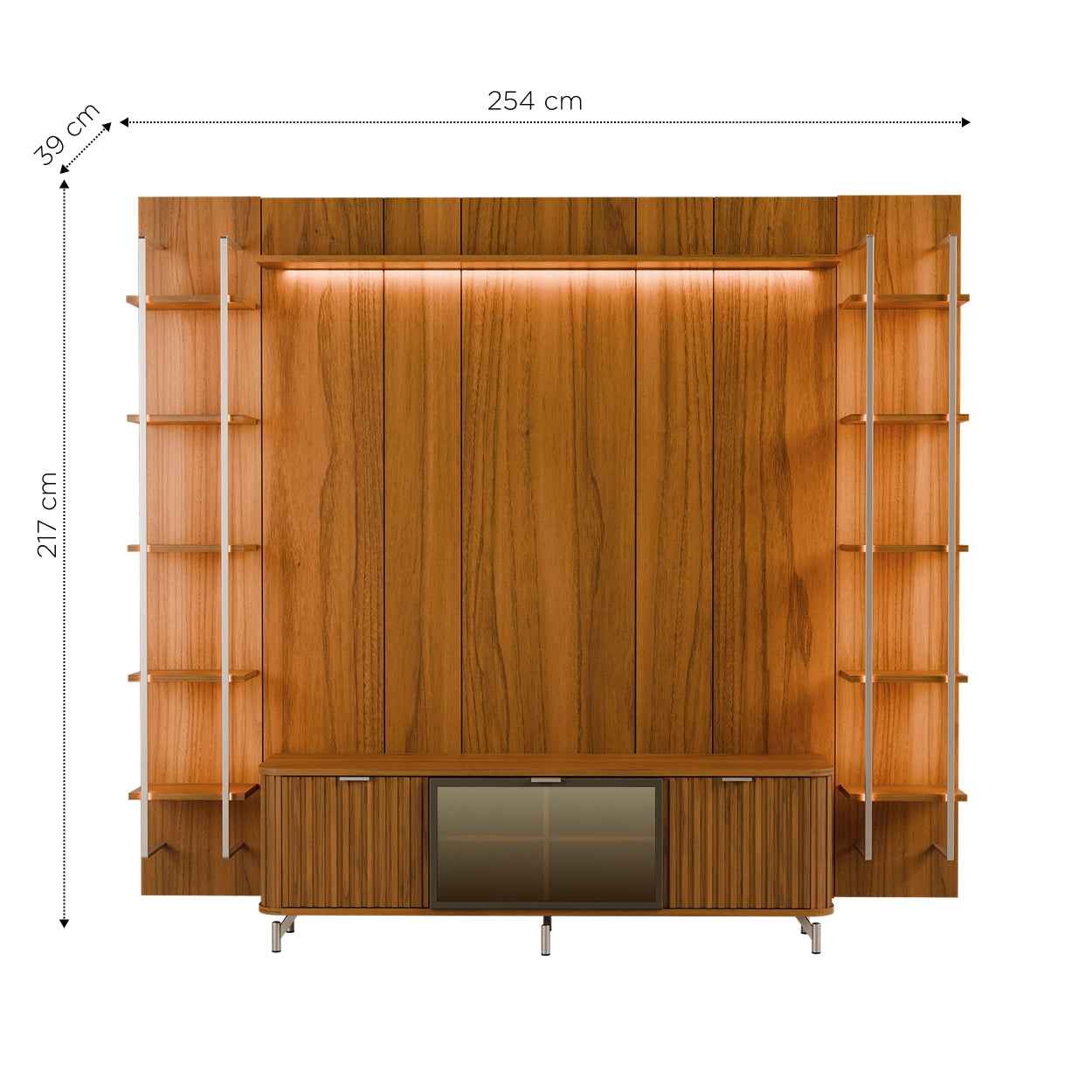 Rack com Painel para TV até 85" 11 Prateleiras e LED Neon Float 254cm - Canella c/ Champanhe