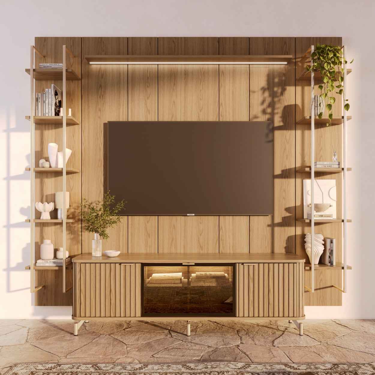 Rack com Painel para TV até 85" 11 Prateleiras e LED Neon Float 254cm – Carvalho c/ Champanhe