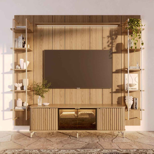 Rack com Painel para TV até 85" 11 Prateleiras e LED Neon Float 254cm – Carvalho c/ Champanhe