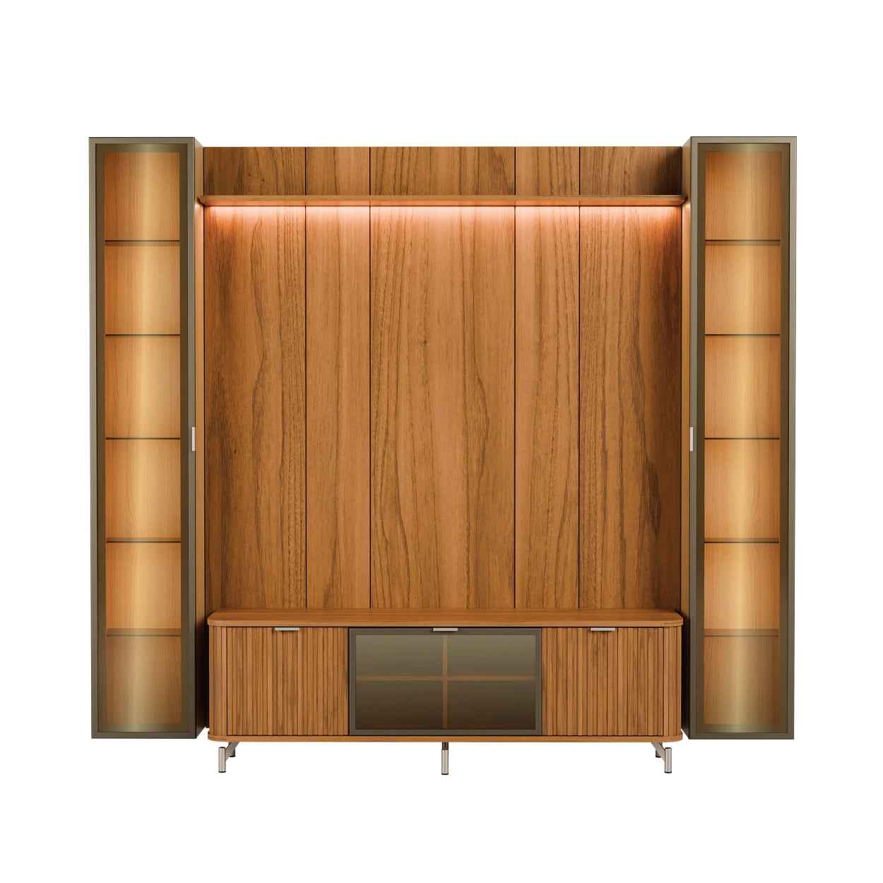 Rack com Painel para TV até 85" 2 Cristaleiras Vidro Reflecta e LED Neon Float 254cm - Canella c/ Champanhe