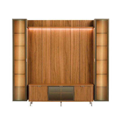 Rack com Painel para TV até 85" 2 Cristaleiras Vidro Reflecta e LED Neon Float 254cm - Canella c/ Champanhe