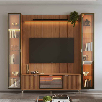 Rack com Painel para TV até 85" 2 Cristaleiras Vidro Reflecta e LED Neon Float 254cm - Canella c/ Champanhe