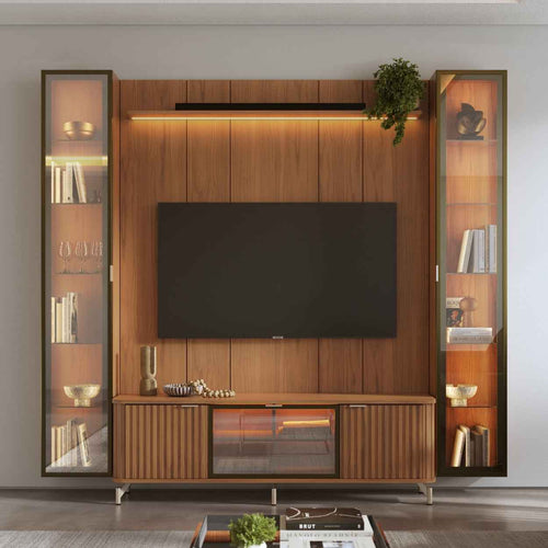 Rack com Painel para TV até 85" 2 Cristaleiras Vidro Reflecta e LED Neon Float 254cm - Canella c/ Champanhe