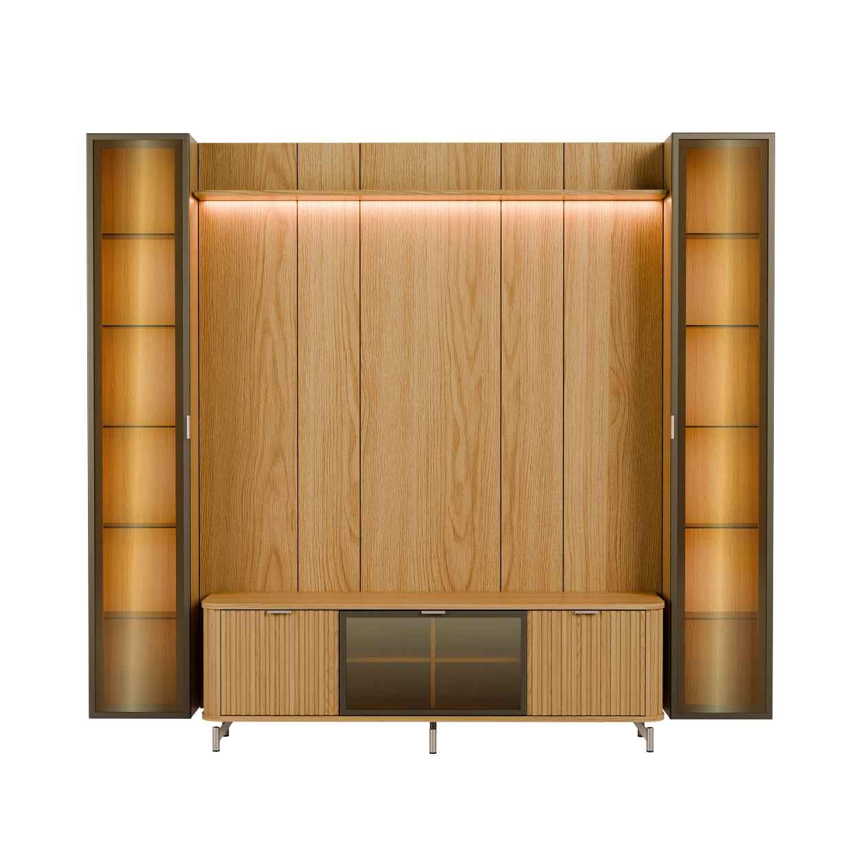 Rack com Painel para TV até 85" 2 Cristaleiras Vidro Reflecta e LED Neon Float 254cm – Carvalho c/ Champanhe