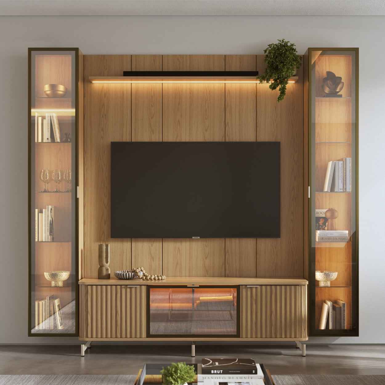 Rack com Painel para TV até 85" 2 Cristaleiras Vidro Reflecta e LED Neon Float 254cm – Carvalho c/ Champanhe