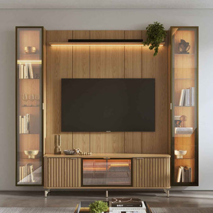 Rack com Painel para TV até 85" 2 Cristaleiras Vidro Reflecta e LED Neon Float 254cm – Carvalho c/ Champanhe