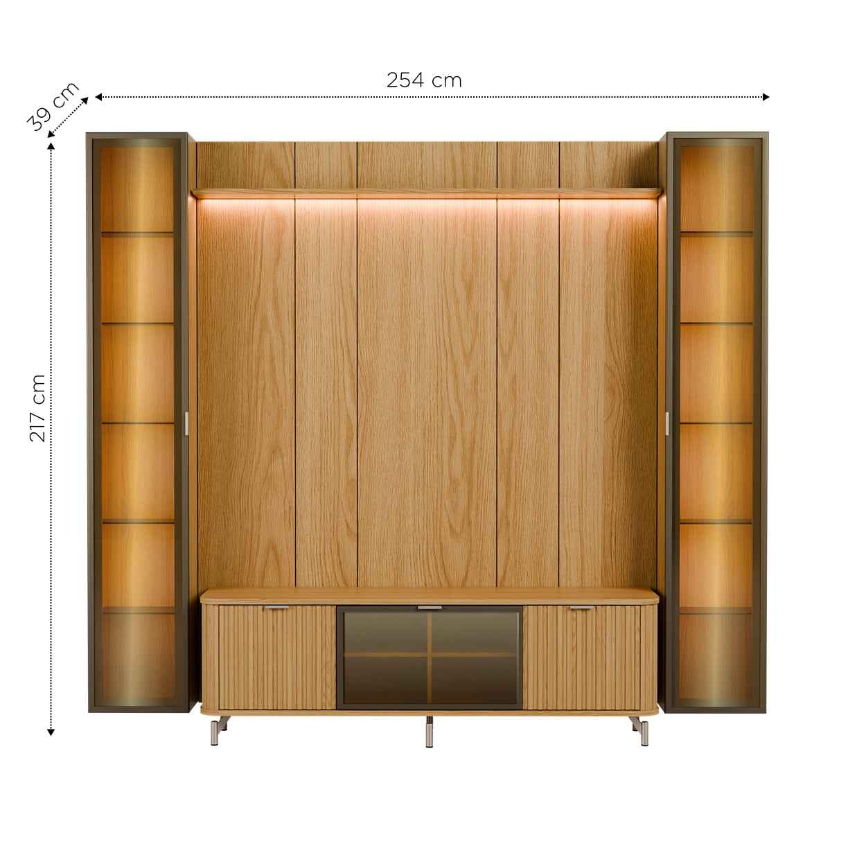 Rack com Painel para TV até 85" 2 Cristaleiras Vidro Reflecta e LED Neon Float 254cm – Carvalho c/ Champanhe