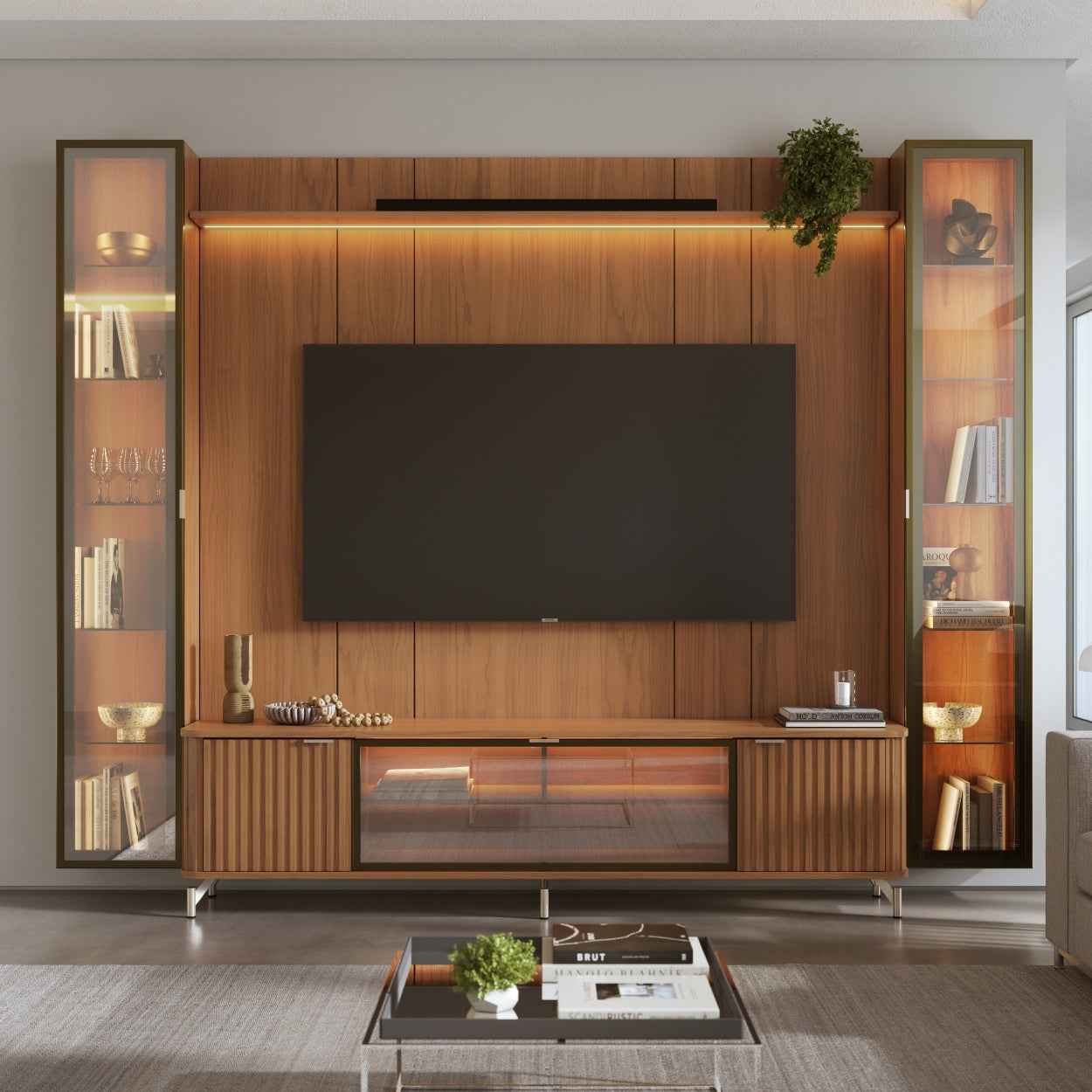 Rack com Painel para TV até 85" 2 Cristaleiras Vidro Reflecta e LED Neon Float 291cm - Canella c/ Champanhe