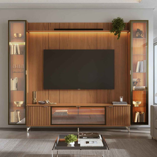 Rack com Painel para TV até 85" 2 Cristaleiras Vidro Reflecta e LED Neon Float 291cm - Canella c/ Champanhe