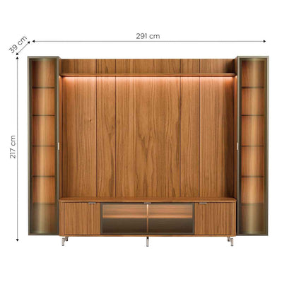 Rack com Painel para TV até 85" 2 Cristaleiras Vidro Reflecta e LED Neon Float 291cm - Canella c/ Champanhe