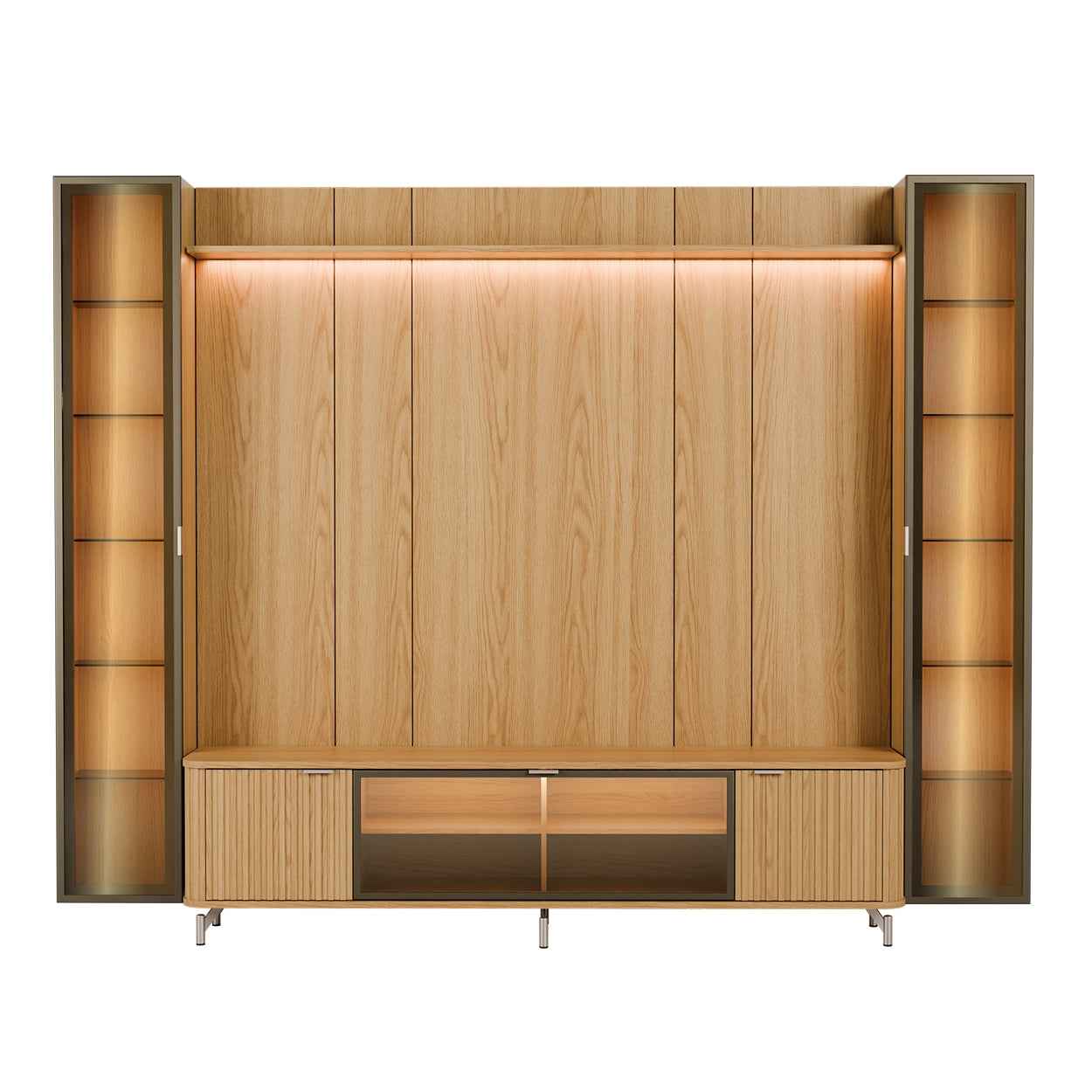 Rack com Painel para TV até 85" 2 Cristaleiras Vidro Reflecta e LED Neon Float 291cm – Carvalho c/ Champanhe