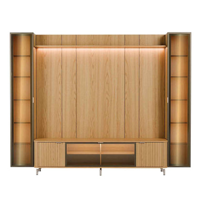 Rack com Painel para TV até 85" 2 Cristaleiras Vidro Reflecta e LED Neon Float 291cm – Carvalho c/ Champanhe