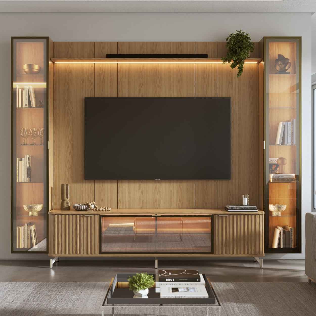 Rack com Painel para TV até 85" 2 Cristaleiras Vidro Reflecta e LED Neon Float 291cm – Carvalho c/ Champanhe