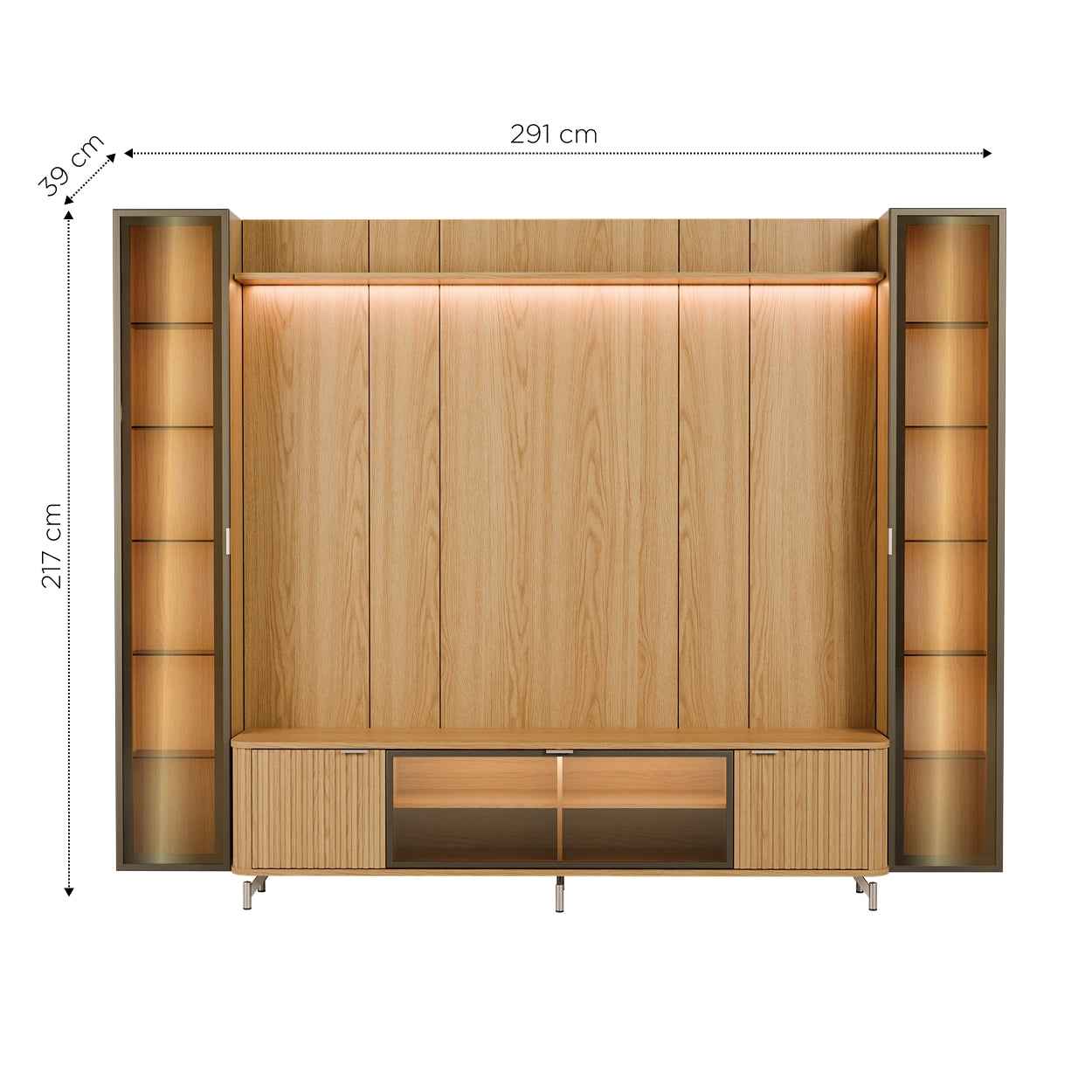 Rack com Painel para TV até 85" 2 Cristaleiras Vidro Reflecta e LED Neon Float 291cm – Carvalho c/ Champanhe
