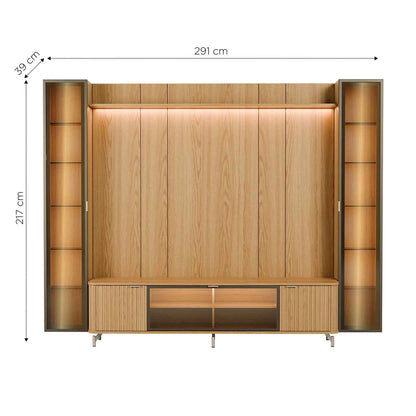 Rack com Painel para TV até 85" 2 Cristaleiras Vidro Reflecta e LED Neon Float 291cm – Carvalho c/ Champanhe