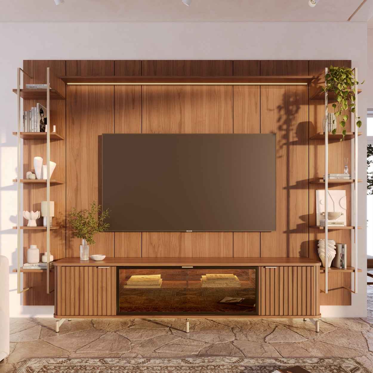 Rack com Painel para TV até 85" 11 Prateleiras e LED Neon Float 291cm - Canella c/ Champanhe