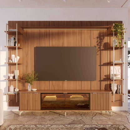 Rack com Painel para TV até 85" 11 Prateleiras e LED Neon Float 291cm - Canella c/ Champanhe