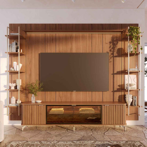 Rack com Painel para TV até 85" 11 Prateleiras e LED Neon Float 291cm - Canella c/ Champanhe