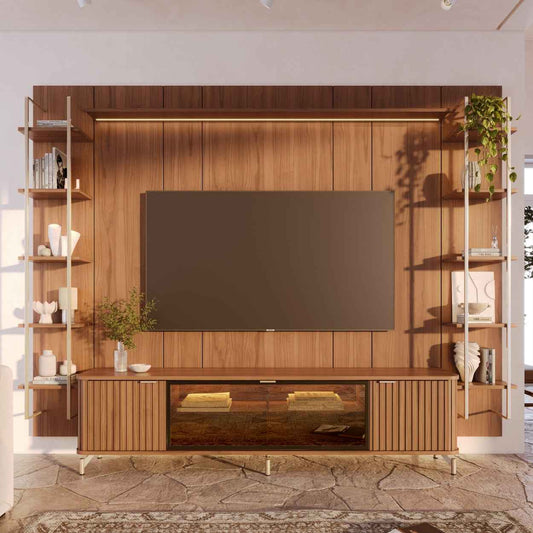 Rack com Painel para TV até 85" 11 Prateleiras e LED Neon Float 291cm - Canella c/ Champanhe