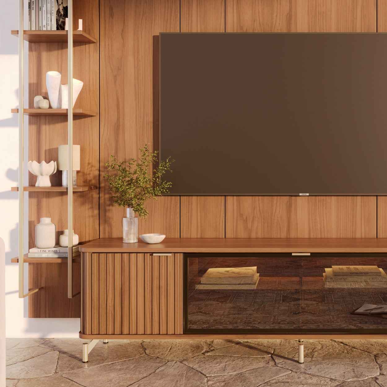 Rack com Painel para TV até 85" 11 Prateleiras e LED Neon Float 291cm - Canella c/ Champanhe