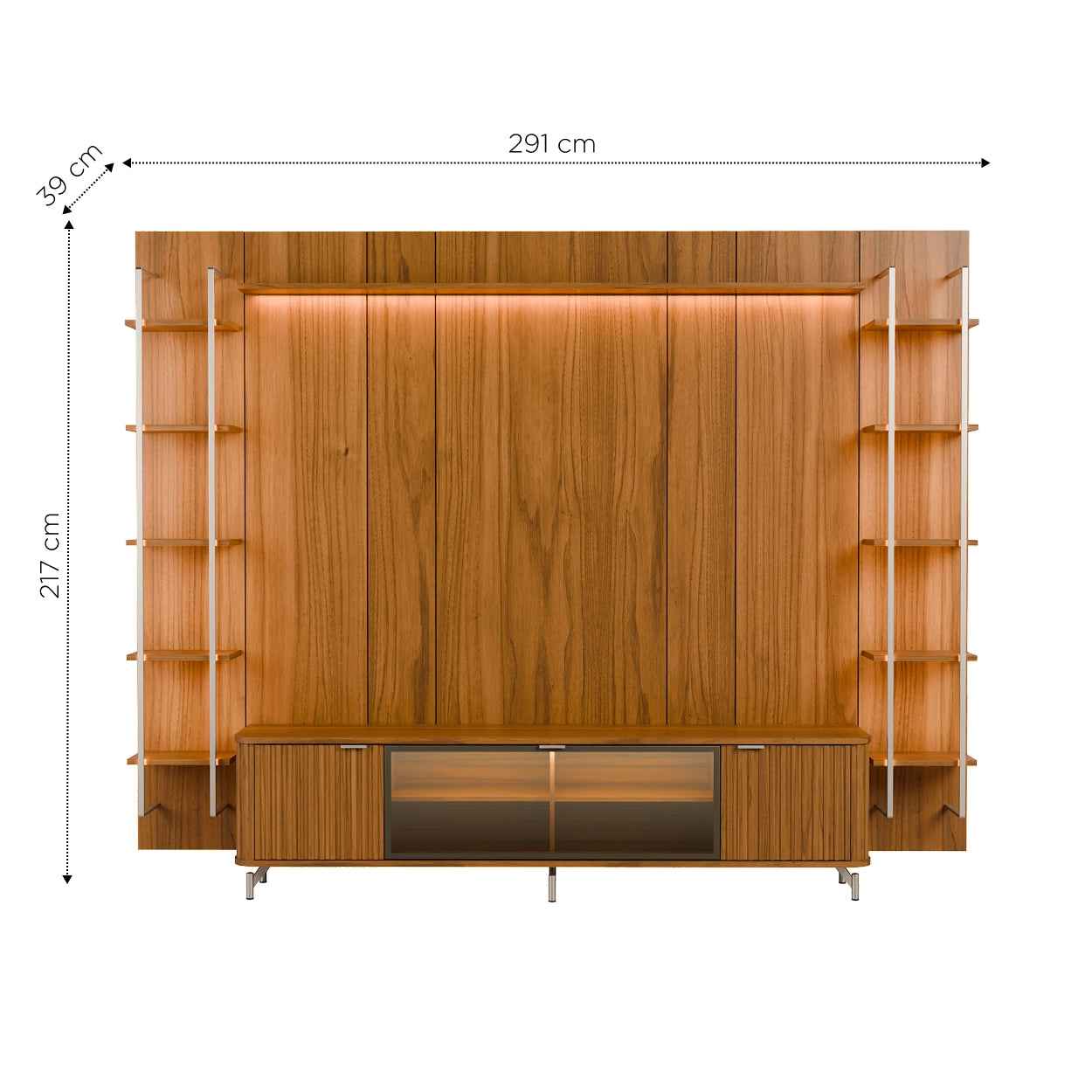 Rack com Painel para TV até 85" 11 Prateleiras e LED Neon Float 291cm - Canella c/ Champanhe
