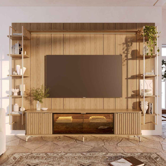 Rack com Painel para TV até 85" 11 Prateleiras e LED Neon Float 291cm – Carvalho c/ Champanhe