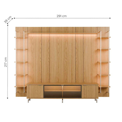 Rack com Painel para TV até 85" 11 Prateleiras e LED Neon Float 291cm – Carvalho c/ Champanhe