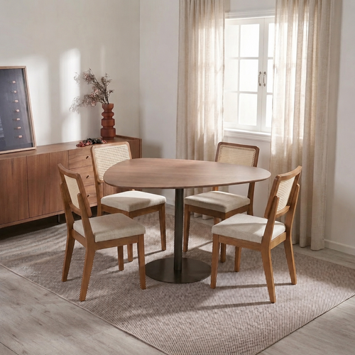 Conjunto De Jantar Mesa Organica Kalyx 4 Cadeiras Saga - Canella C/ Linho Mescla Cru