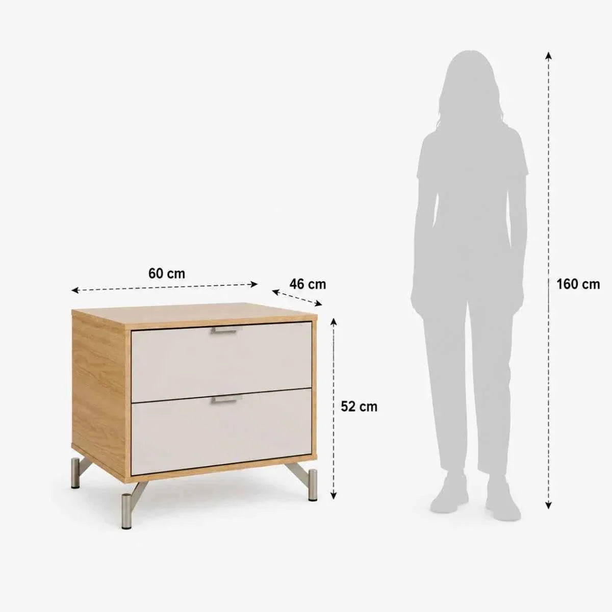 Mesa de Cabeceira 2 Gavetas Altis 60 cm - Off White Fosco c/ Carvalho - Champanhe