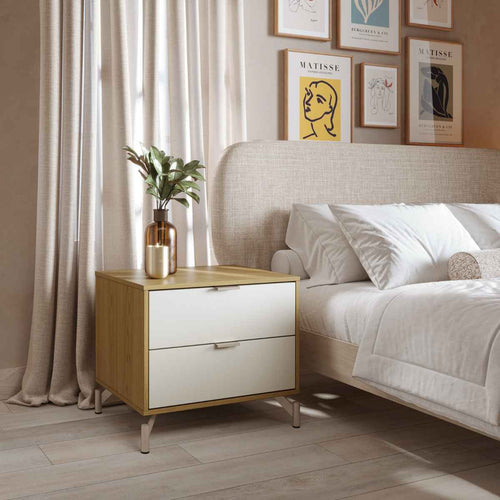 Mesa de Cabeceira 2 Gavetas Altis 60 cm - Off White Fosco c/ Carvalho - Champanhe