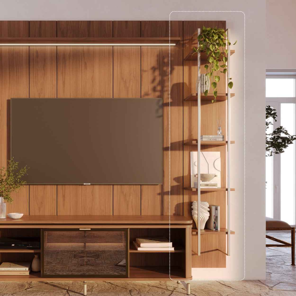 Rack com Painel para TV até 85" 11 Prateleiras e LED Neon Float 254cm - Canella c/ Champanhe