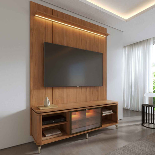 Rack com Painel para TV até 85" 1 Prateleira 1 Porta Vidro Reflecta e LED Lincoln Float 178cm - Canella c/ Champanhe