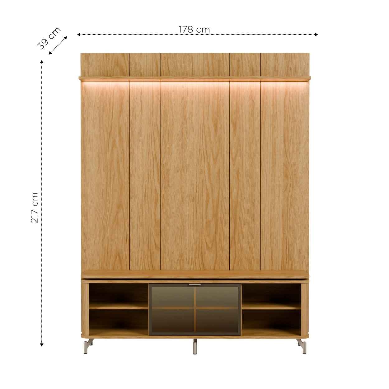 Rack com Painel para TV até 85" 1 Prateleira 1 Porta Vidro Reflecta e LED Lincoln Float 178cm – Carvalho c/ Champanhe