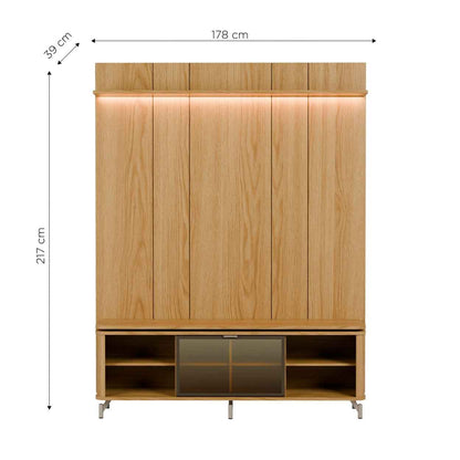 Rack com Painel para TV até 85" 1 Prateleira 1 Porta Vidro Reflecta e LED Lincoln Float 178cm – Carvalho c/ Champanhe