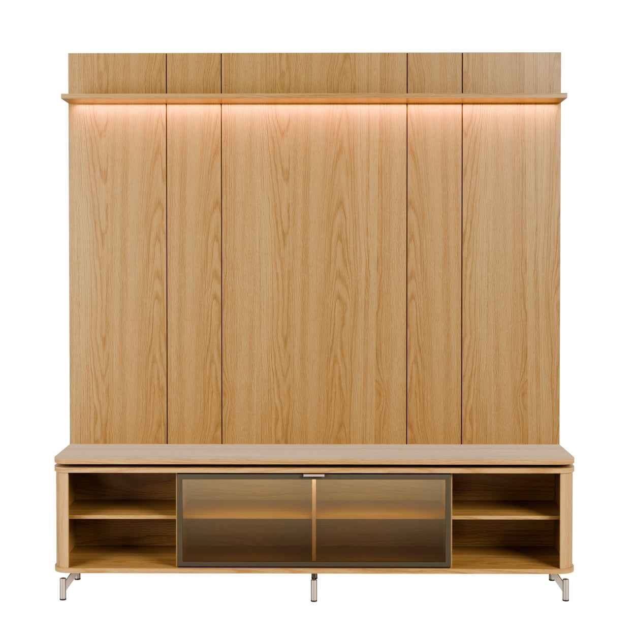 Rack com Painel para TV até 85" 1 Prateleira 1 Porta Vidro Reflecta e LED Lincoln Float 215cm – Carvalho c/ Champanhe