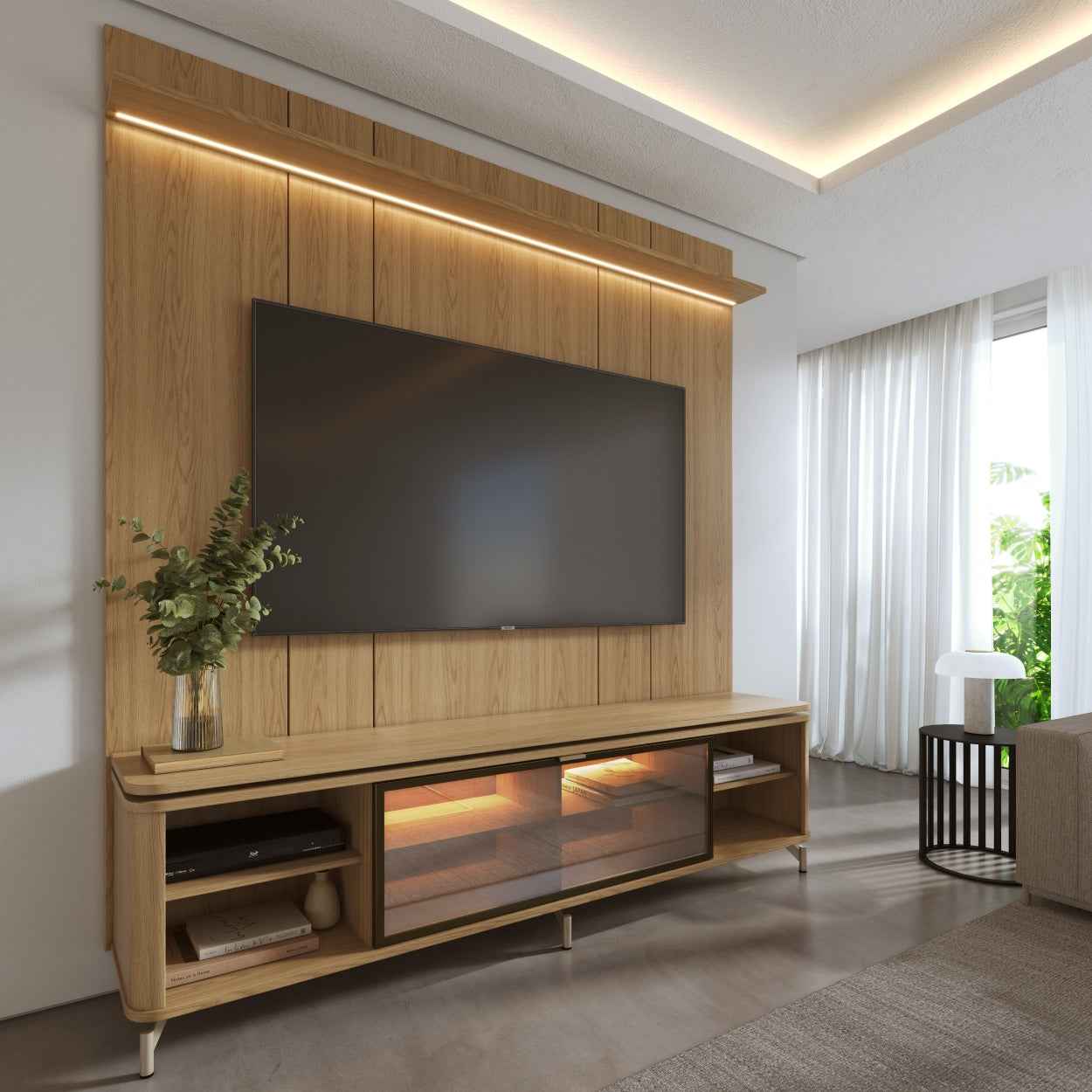 Rack com Painel para TV até 85" 1 Prateleira 1 Porta Vidro Reflecta e LED Lincoln Float 215cm – Carvalho c/ Champanhe