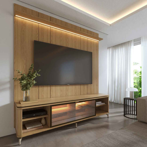 Rack com Painel para TV até 85" 1 Prateleira 1 Porta Vidro Reflecta e LED Lincoln Float 215cm – Carvalho c/ Champanhe