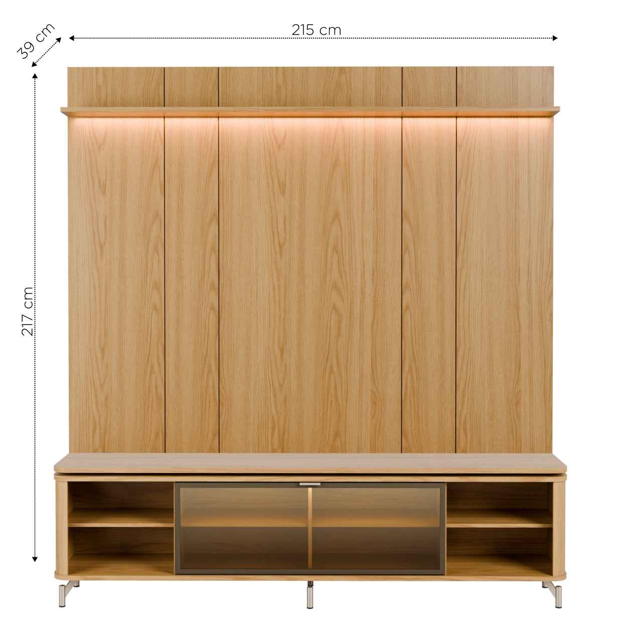 Rack com Painel para TV até 85" 1 Prateleira 1 Porta Vidro Reflecta e LED Lincoln Float 215cm – Carvalho c/ Champanhe