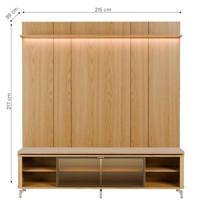 Rack com Painel para TV até 85" 1 Prateleira 1 Porta Vidro Reflecta e LED Lincoln Float 215cm – Carvalho c/ Champanhe