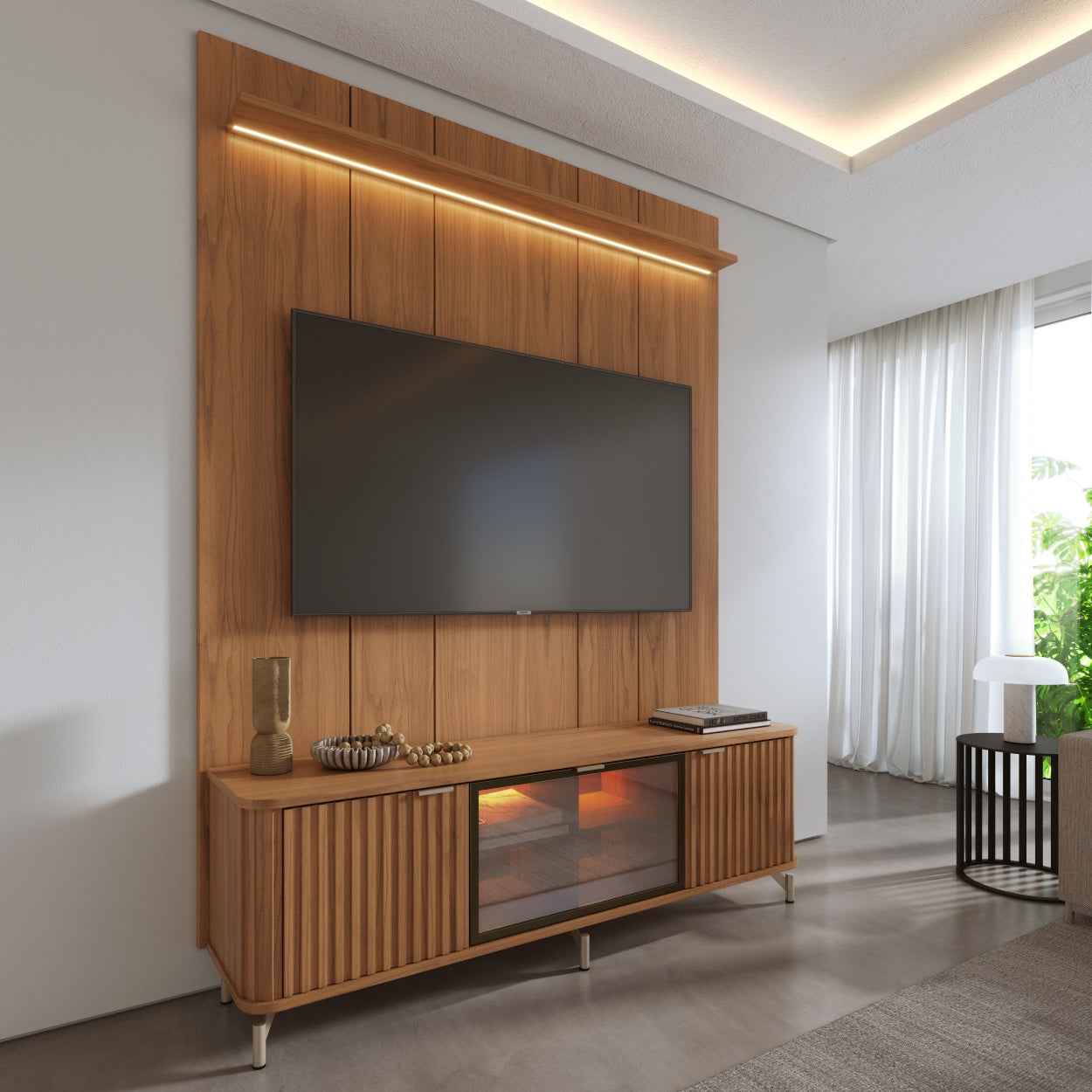 Rack com Painel para TV até 85" 1 Prateleira 1 Porta Vidro Reflecta e LED Neon Float 178cm - Canella c/ Champanhe