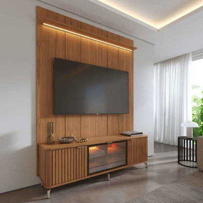 Rack com Painel para TV até 85" 1 Prateleira 1 Porta Vidro Reflecta e LED Neon Float 178cm - Canella c/ Champanhe