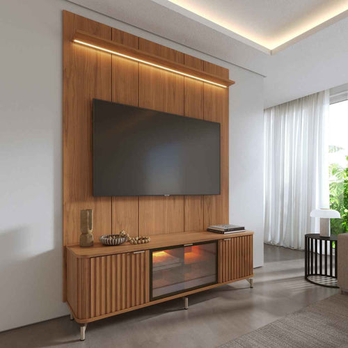 Rack com Painel para TV até 85" 1 Prateleira 1 Porta Vidro Reflecta e LED Neon Float 178cm - Canella c/ Champanhe