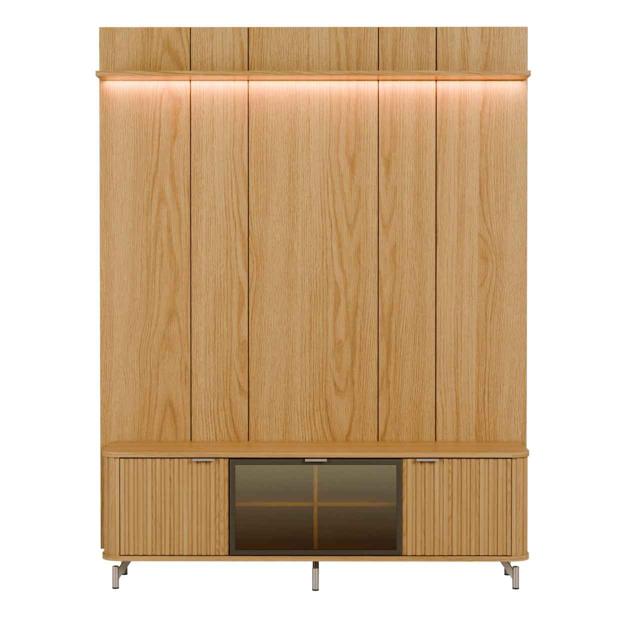 Rack com Painel para TV até 85" 1 Prateleira 1 Porta Vidro Reflecta e LED Neon Float 178cm – Carvalho c/ Champanhe