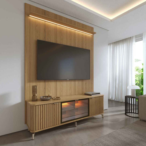Rack com Painel para TV até 85" 1 Prateleira 1 Porta Vidro Reflecta e LED Neon Float 178cm – Carvalho c/ Champanhe