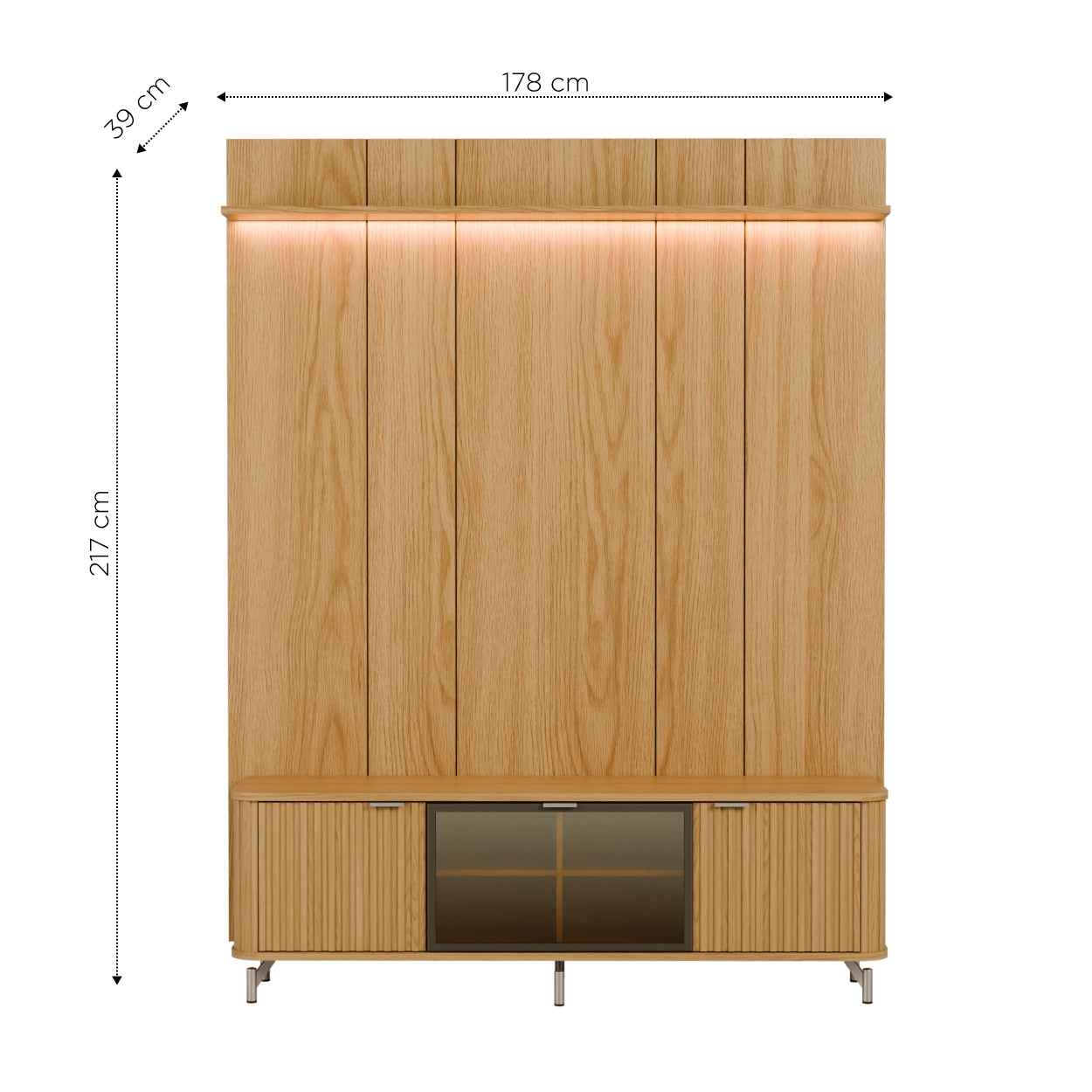 Rack com Painel para TV até 85" 1 Prateleira 1 Porta Vidro Reflecta e LED Neon Float 178cm – Carvalho c/ Champanhe