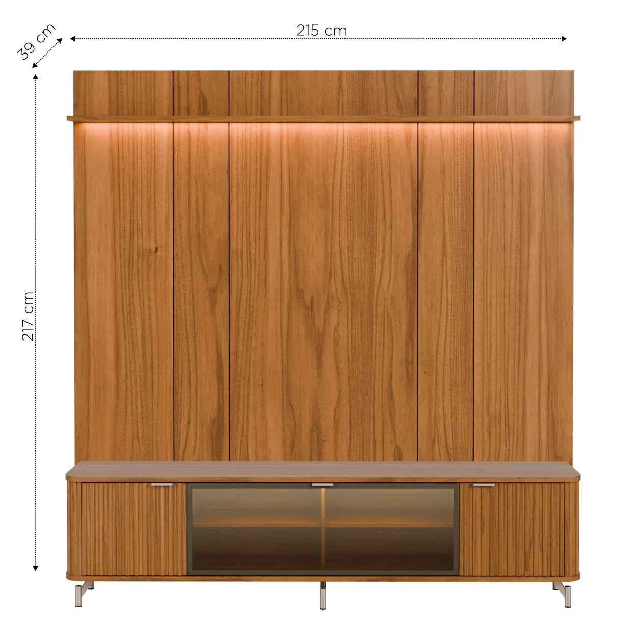 Rack com Painel para TV até 85" 1 Prateleira 1 Porta Vidro Reflecta e LED Neon Float 215cm - Canella c/ Champanhe